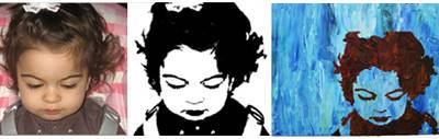 A photograph of a young girl, a black and white stencil, and a more colorful stencil.