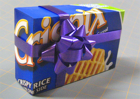 A gift box made from a cereal box.