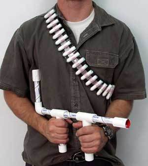 A man with a pvc pipe gun and tampon bullets.