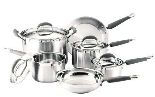 A set of shiny steel pots and pans.