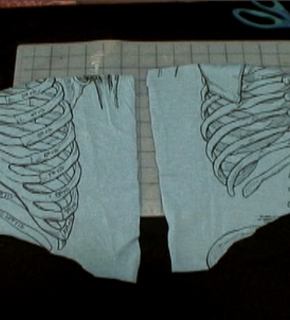 Two pieces of fabric with designs of the human skeleton on them.
