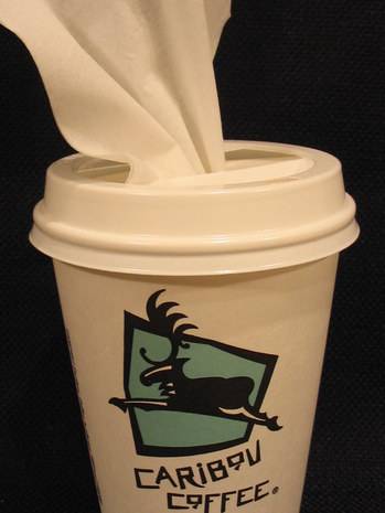 A tissue is coming out of a white coffee cup with a caribou on it.