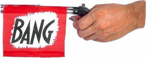 A person is shooting a gun that says Bang.