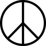 Icon of the peace symbol in black on white consisting of a circle bisected by a vertical line that has an arrow-like bottom.