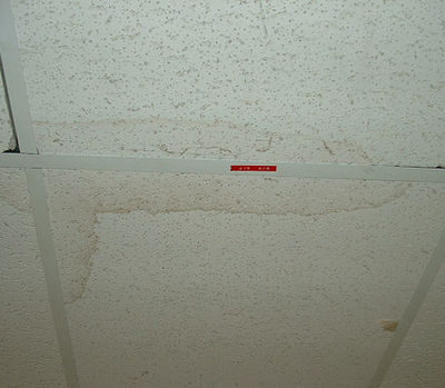 A dirty ceiling has water damage on it.