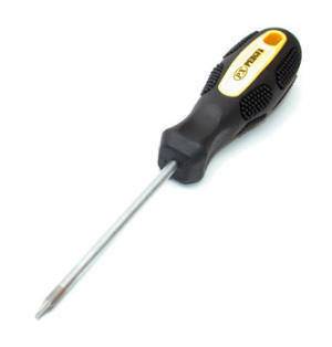 A screwdriver with a black and gold handle.