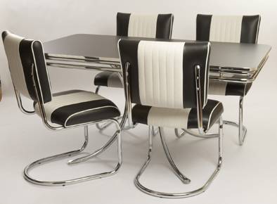 White and black dining table with four chairs in retro american style.