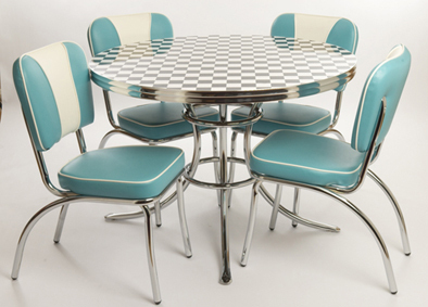 Blue and white color stainless steel dining table with chessboard pattern at top and four chairs in retro american style.