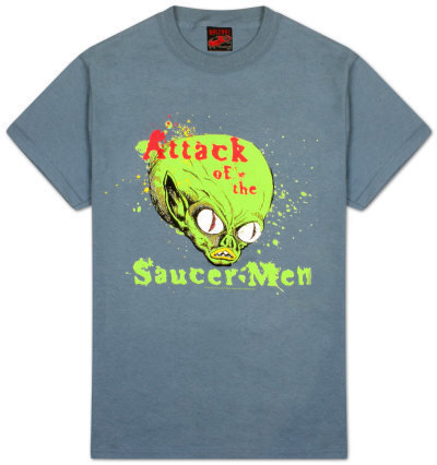 A grey t-shirt with a green alien head on the front.