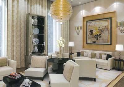 A luxurious living room with white furniture and glamorous chandeliers