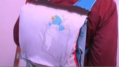 A backpack made of old tshirts.