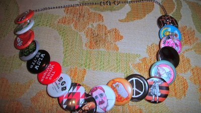 A necklace of 70s pin on buttons.