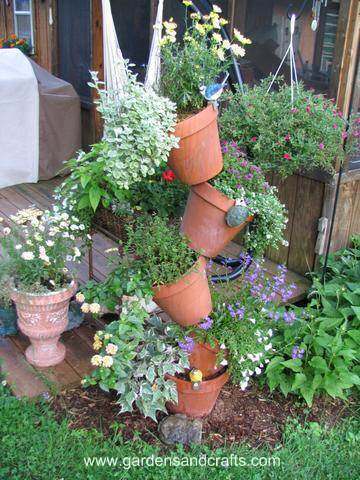 Several plants are arranged vertically in terra cotta pots outside.