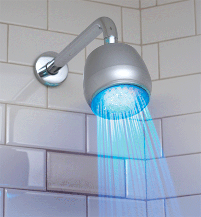 Blue water comes from a shower head.