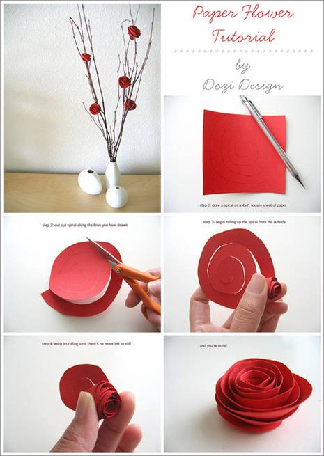 A person makes red roses out of squares of paper.