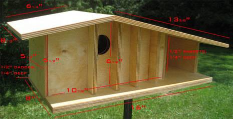 The measurements of a wooden birdhouse are shown.