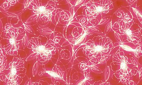 A pattern made of a red backdrop covered with white flowers.