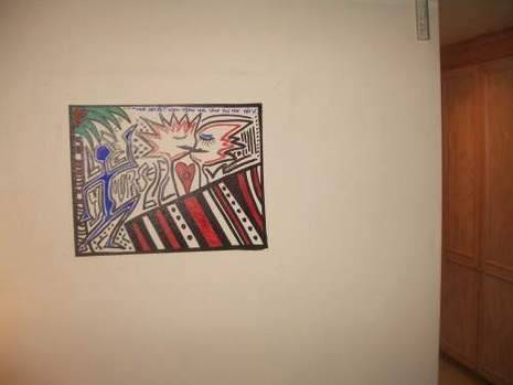 A picture of an abstract scene with blue, red and black lines.