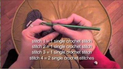 A person is crocheting with grey yarn.