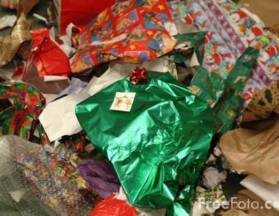 Gift wrap crumpled on floor in a living room.