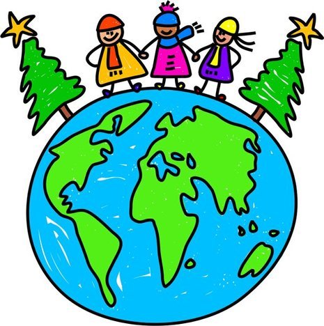 An illustration of a globe with people and Christmas trees on top.