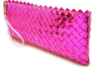 Small clutch purse, made from pink foils, and has a woven pattern.