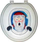 A toilet seat with Santa Claus in the center.