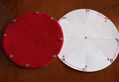 Two circles on a table, one a reddish brown and the other white, with buttons and writing.