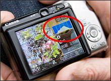 A white older hand holding a small digital camera with a red circle.