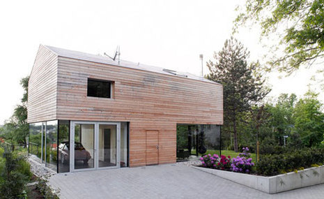 A garage made of hardwood and glass walls sits in a green and leafy yard.