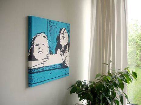 A bright blue painting of babies.