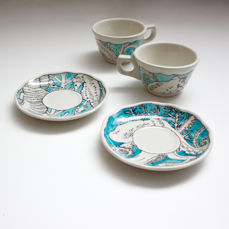 Two cups and saucers with a blue and white pattern.