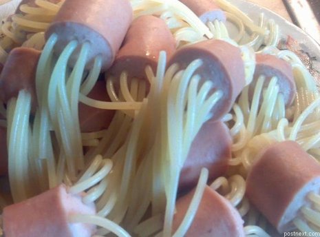 Hot dog slices with pasta running through them.
