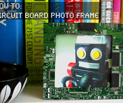 Recycled circuit board photo frame and books in the backside.