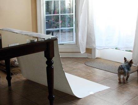 A white sheet of paper sits off the edge of a table and is taped to the floor to create a photography area.