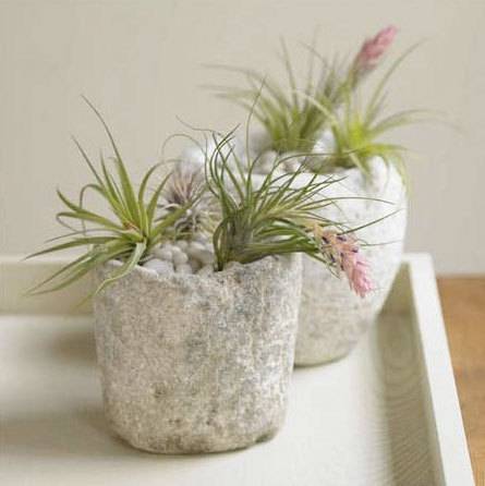 White marble planters with plants in them.
