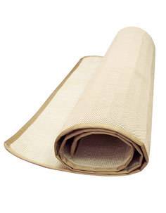 A rolled up, tan mat, sitting against a white background.