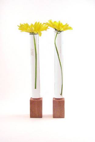 Two yellow flowers in test tube vases.