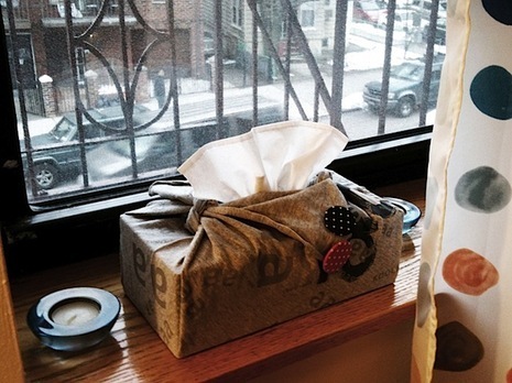 A box of kleenex wrapped in cloth next to a window.