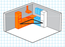 A 3D diagram of a kitchen with a stove in the corner.
