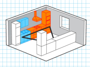 An illustration shows a geometric picture of a kitchen space.