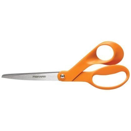 A pair of scissors with an orange handle