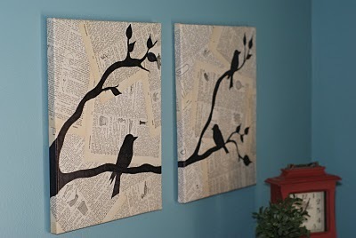 Two pictures of a continuing picture of black birds on a branch on a blue wall with a clock in the corner.