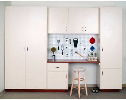A white work area with tools hung on the wall surrounded by cabinets and a stool.