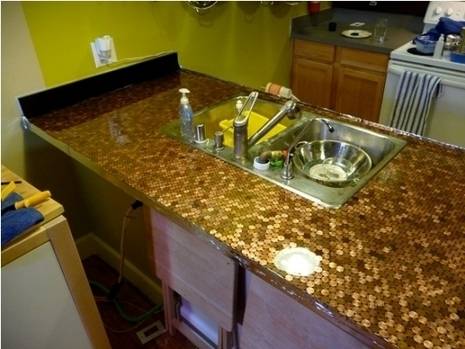 Kitchen counter made with pennies and resin.