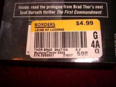 Price tag with barcode from Borders Bookstore for the book, "Loins of Lucerne", showing the price of, .99.