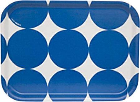 Bold white serving tray designed with large blue circles on it.