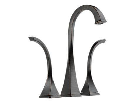 A black faucet with black strangely shaped handles.