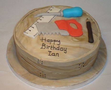 Wooden color round birthday cake top up with simple tools.