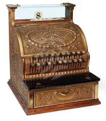 A bronze cash register.